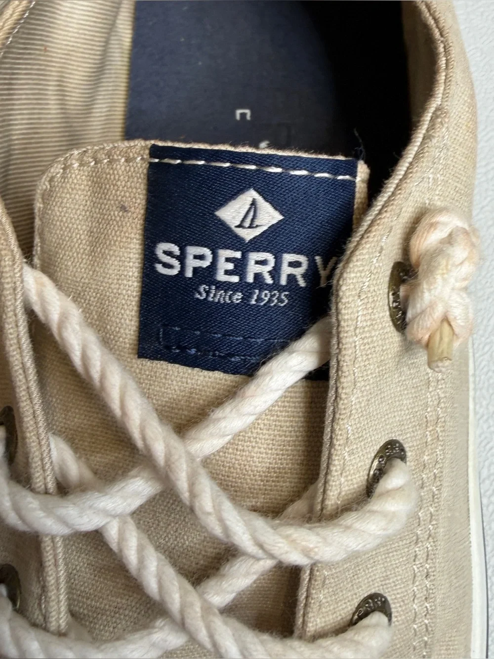 Sperry Beige Canvas Boat Shoes with White Soles 8